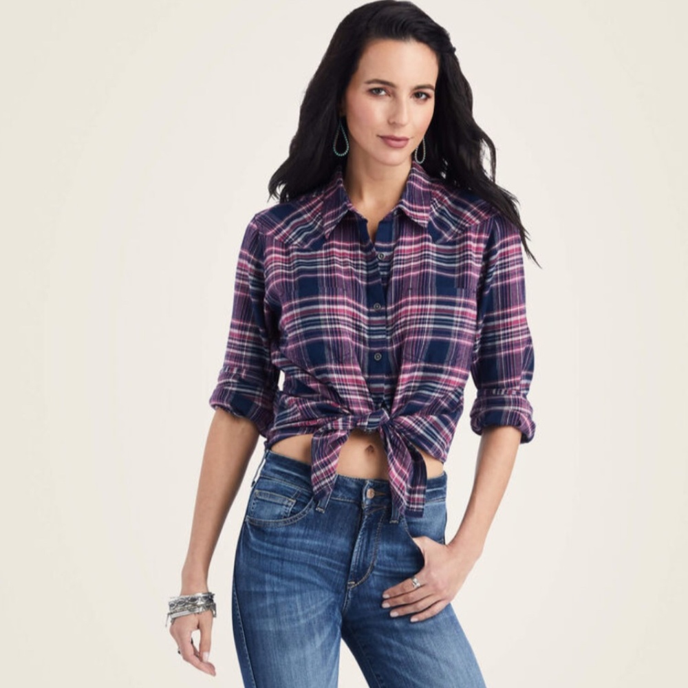 Ariat REAL Flannel Billie Jean Shirt Pink Blue Plaid Western LS Women Small EUC
